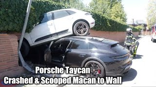 Porsche Taycan Crashed \& Scooped Parked Macan to Wall