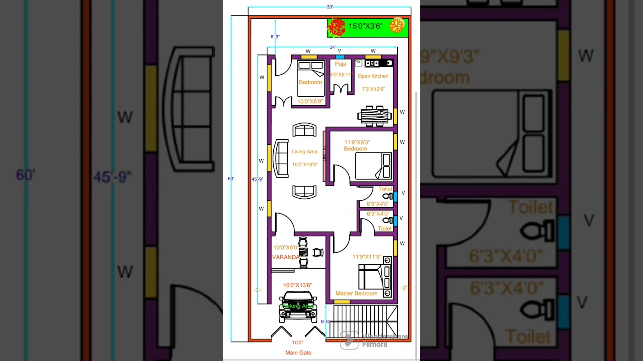 30X60 West facing 3BHK house plan with car parking #architecture # houseplan #house design