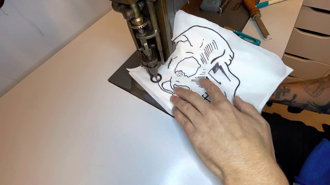 Skull back patch process. Hand made chain stitch patch.