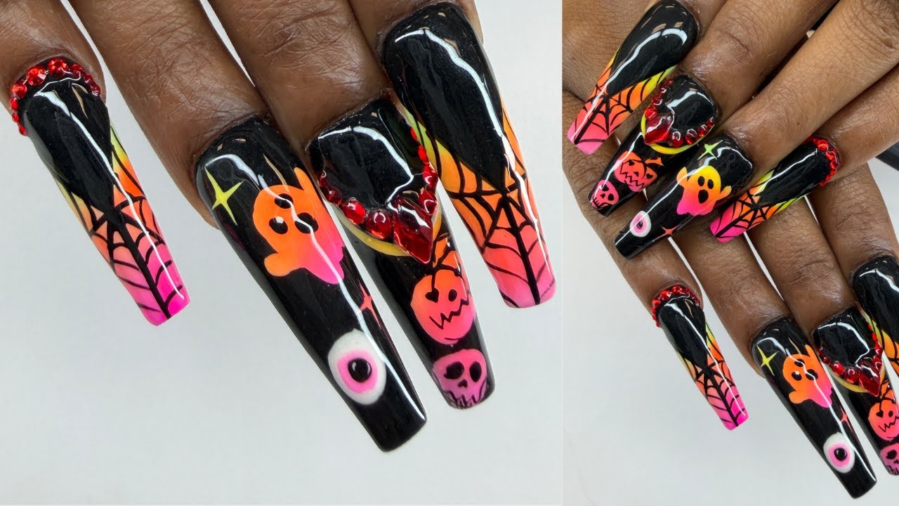 Halloween Nails Design  Spooky Design | Pigment Nails Art | Long Acrylic Nails Tutorial Step by Step