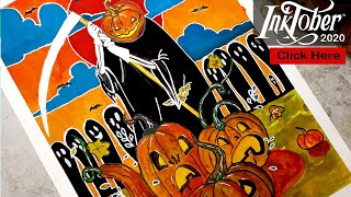 DAY 5 INKTOBER 2020 BLADE / Pumpkin Reaper -Ink, Watercolor & Gouache Painting / Drawtober Reaper