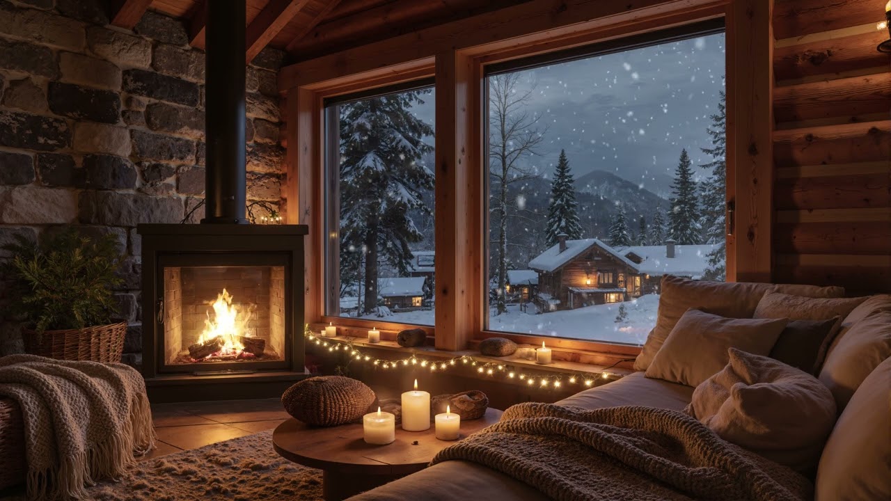 Cozy Winter Cabin Ambience ❄ Slow Piano Music & Fireplace Sounds for Relaxation