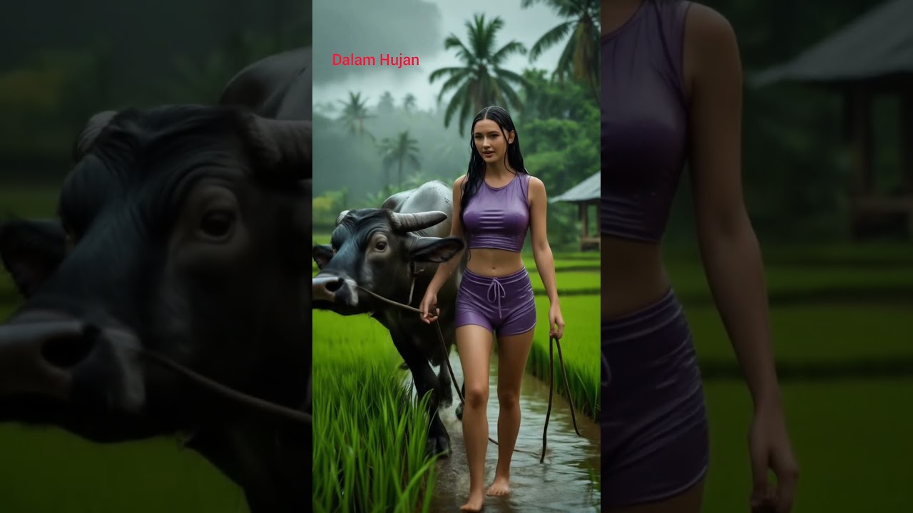 A beautiful girl is walking with her buffalo on a rainy day 