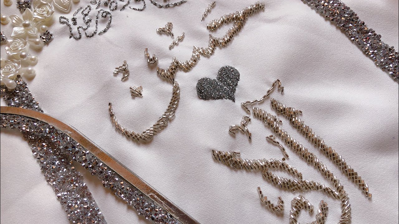 تطريز الاسماء بالخرز في مناديل كتب الكتاب والطارات سهله جدا