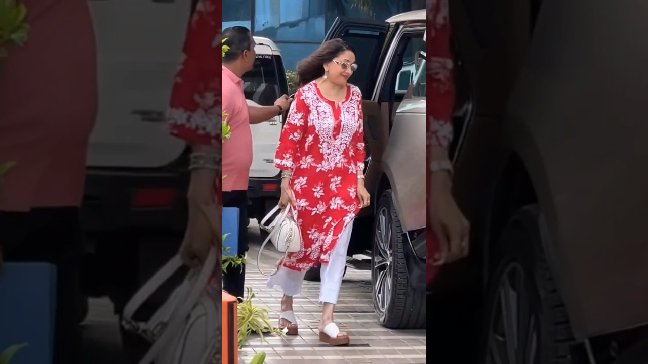 Madhuri Dixit In Red Kurta She Spotted At Mumbai 