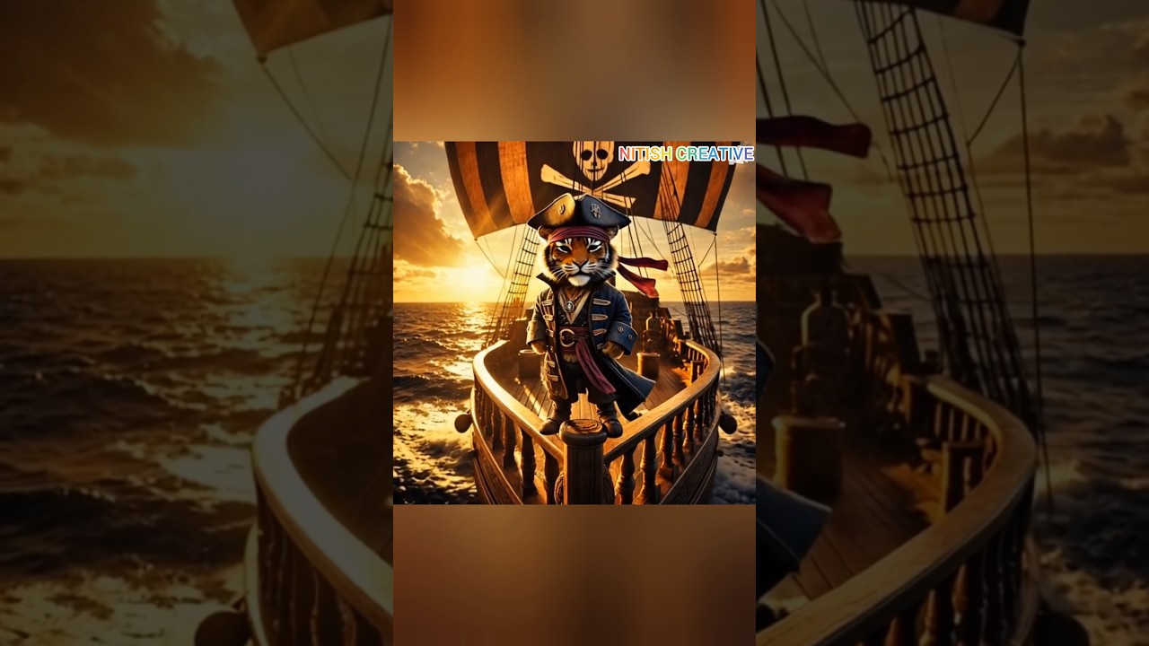 Cute pirate tiger cub sailing pirate ship 