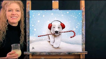 Learn How to Paint CANDY CANE POLAR BEAR with Acrylic - Paint & Sip - Animal Step by Step Tutorial