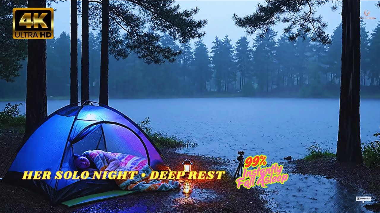 Спокойные звуки дождя и фортепиано 🌧️🎹 Женщина в одиночку отдыхает в кемпинге у озера