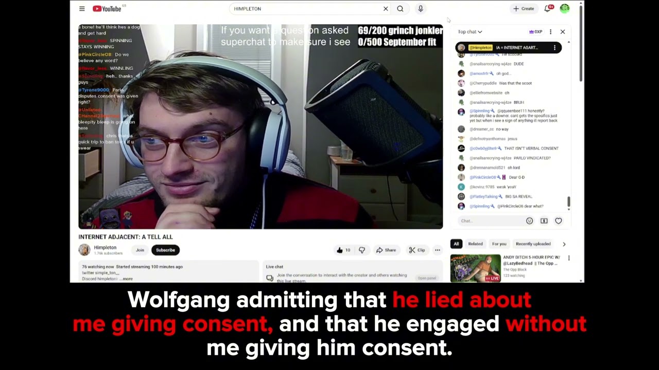 Wolfgang / Internet Adjacent admitting to lying about consent