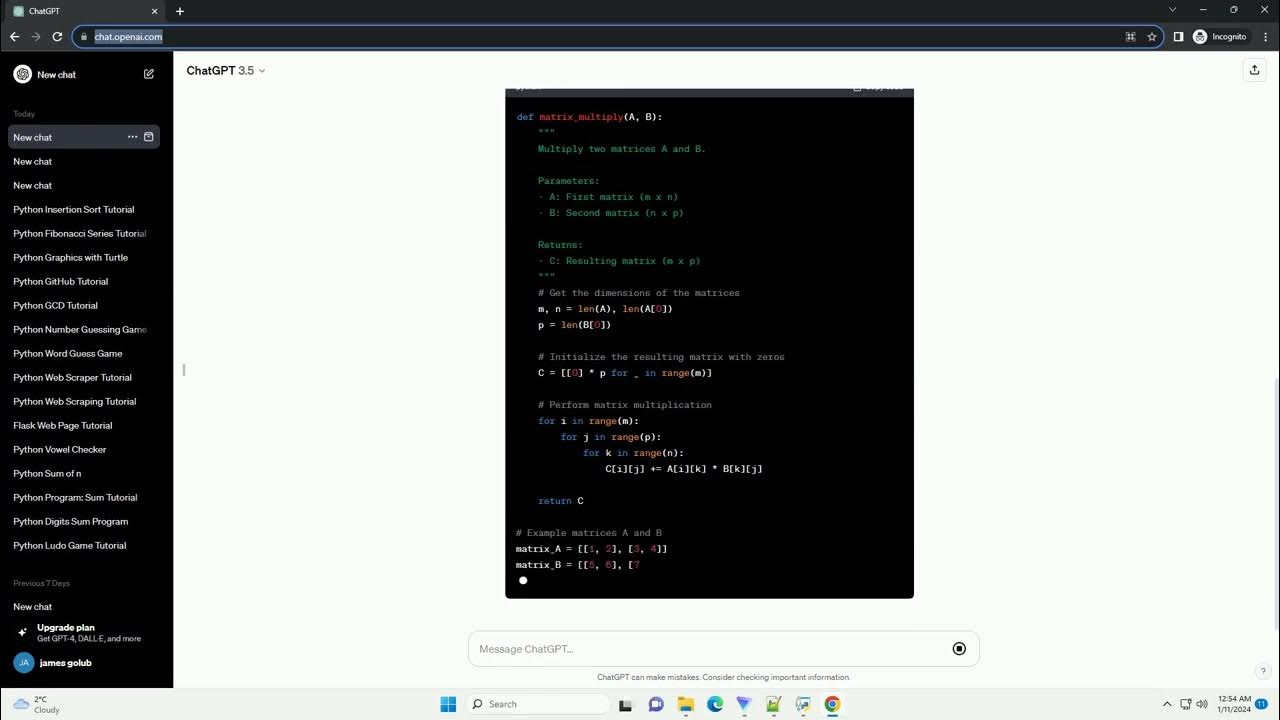 python program matrix multiplication - YouTube