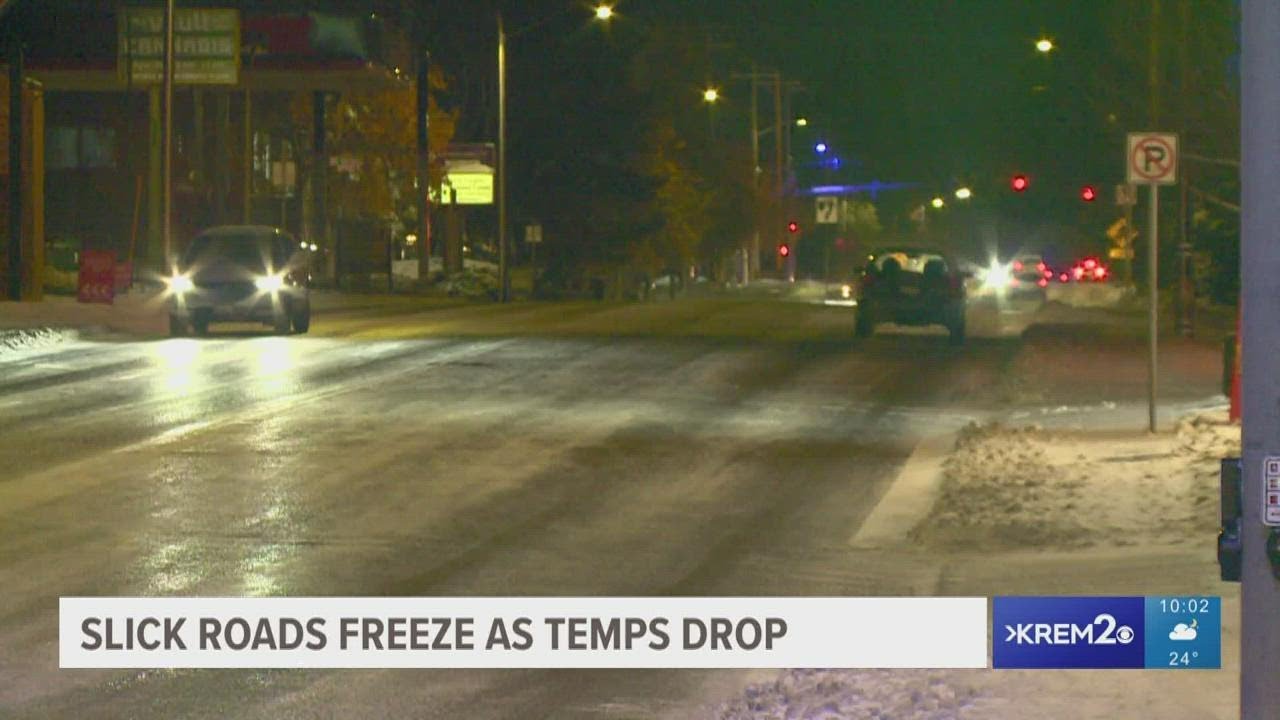 Slick roads freeze as temperatures drop in Spokane - YouTube