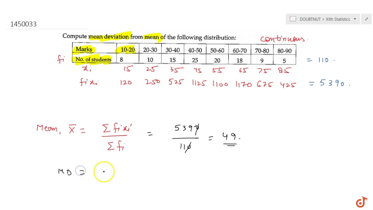 Compute Mean Deviation From Mean Of The Following Distribution Marks 10 20 20 30 30 Youtube