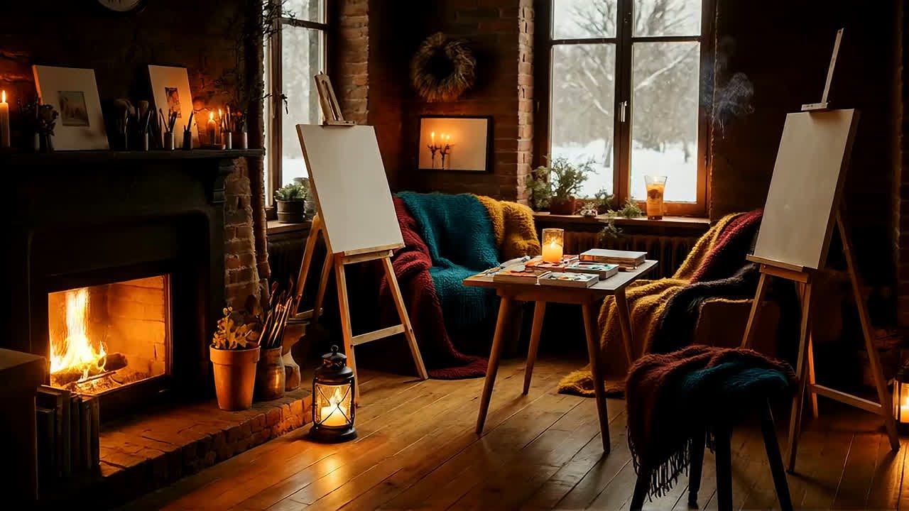 Peaceful Winter Art Studio Ambience - Calm Fireplace Jazz Relax Music for Creativity and Focus 04