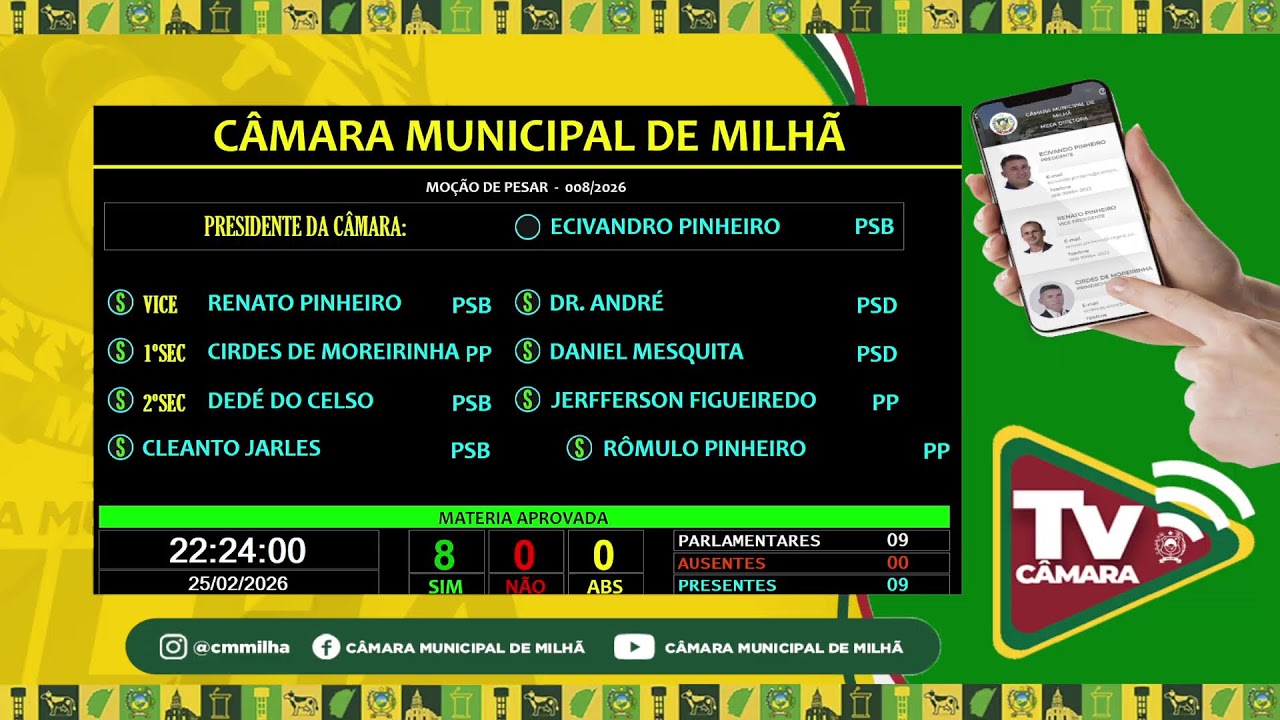 4ª SESSÃO ORDINÁRIA DO 1º PERÍODO DE 2026 DA CÂMARA MUNICIPAL DE MILHÃ (25/02/2026)