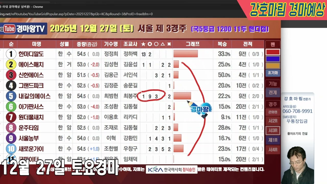 2025 년 12 월 27 일 토요경마예상