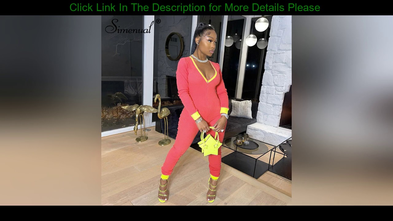 ⏳Best Simenual V Neck Casual Ribbed Rompers Womens Jumpsuit Sporty Active Wear Patchwork Long Sleev