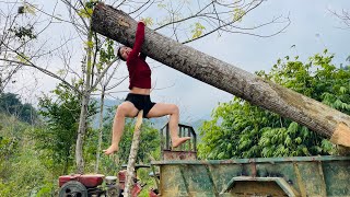 Download Lagu Agricultural vehicle transporting wood; girl loading wood alone. MP3