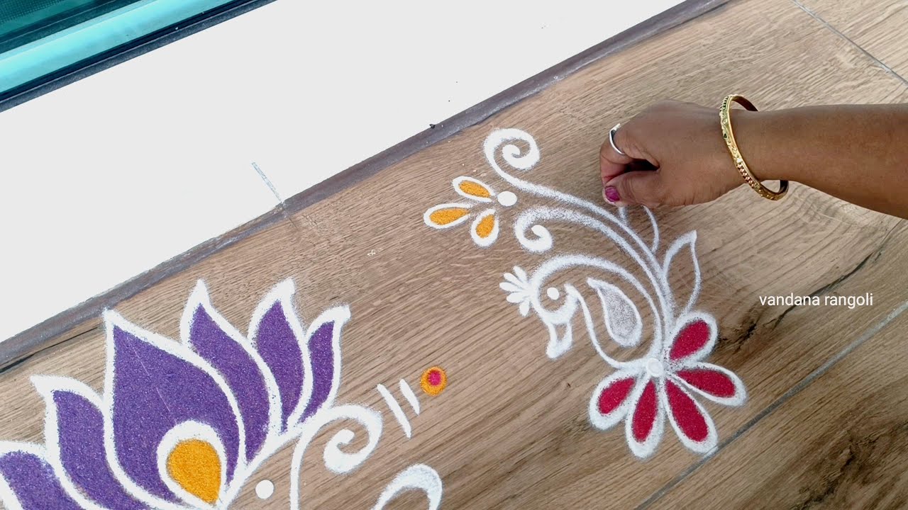 Easy border rangoli designs for festivals | Friday rangoli | Lotus muggulu | Lakshmi pooja rangoli