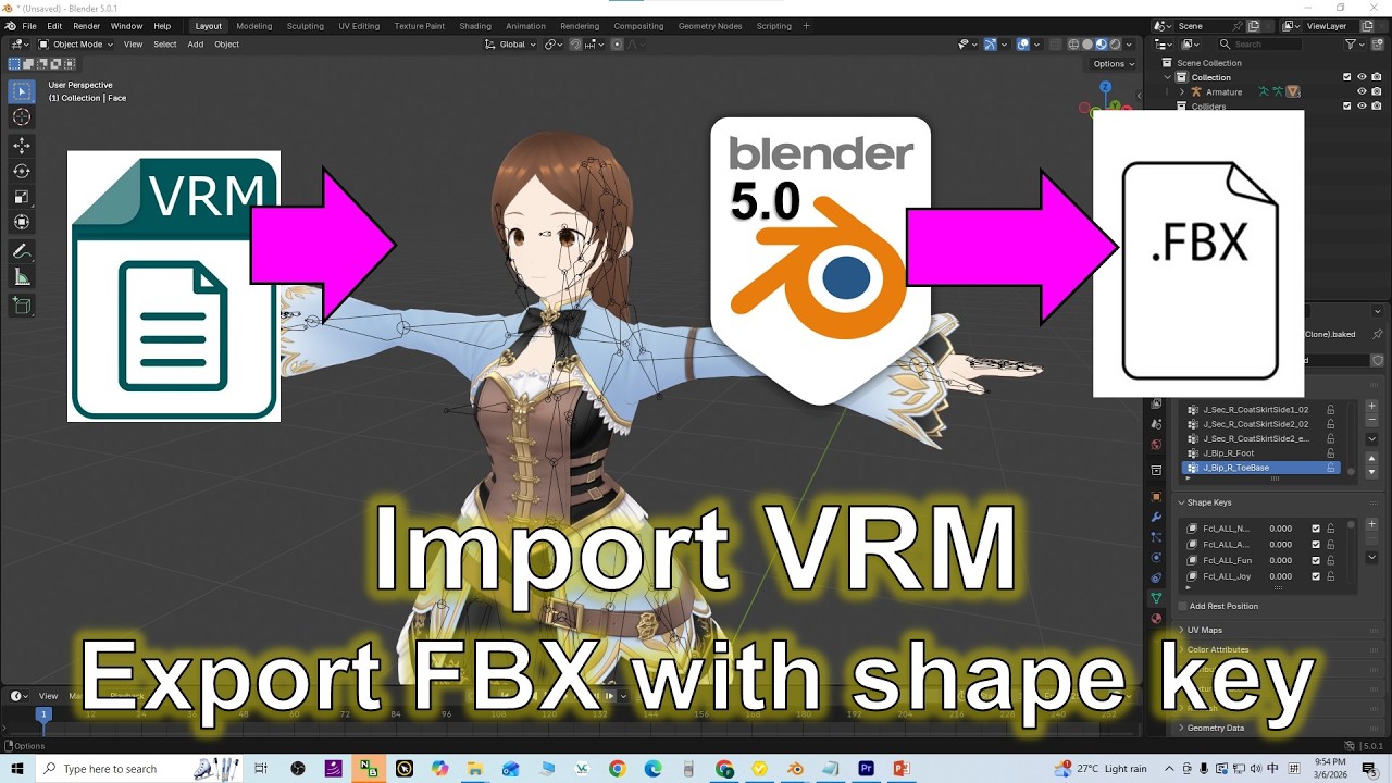 Blender 5.0 Import VRM & Export FBX with Shape Key & skeleton | Full ...