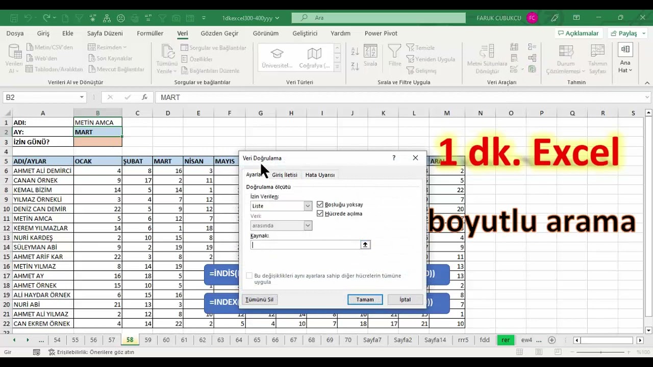 Excel 1 Dakika - İki boyutlu arama - İNDİS KAÇINCI