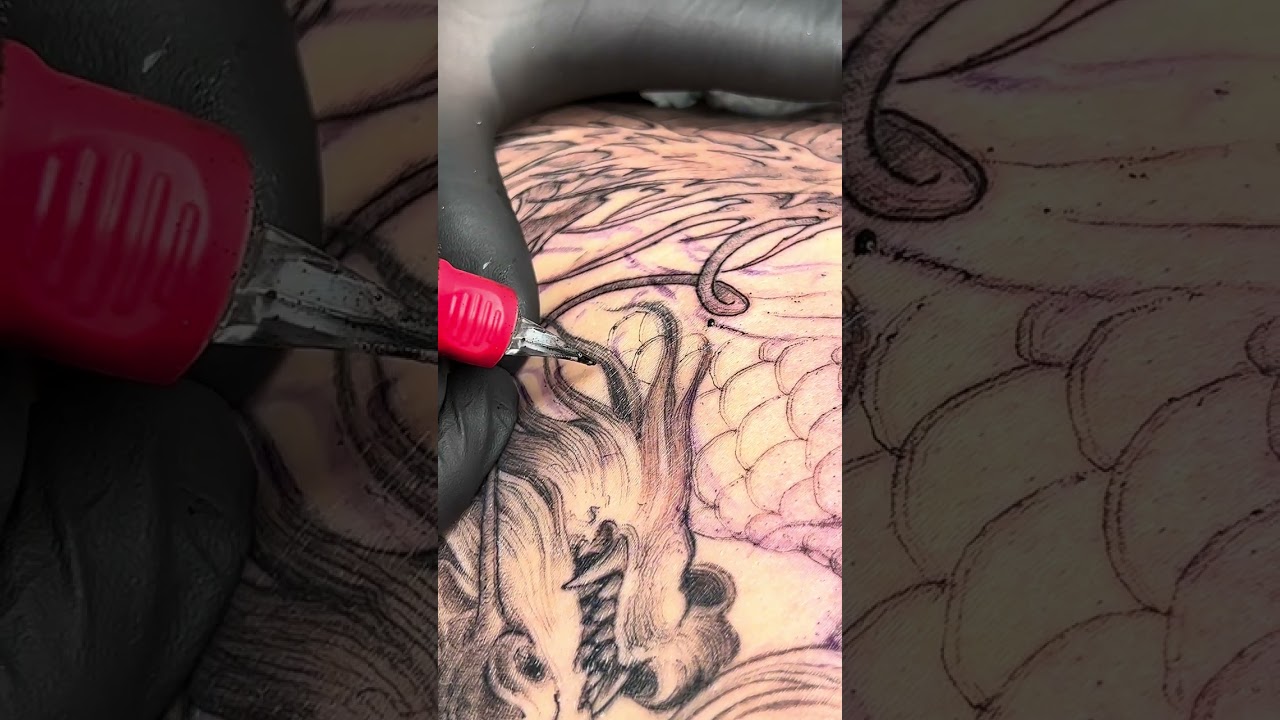 Unbelievable Detailed by Trung Tadashi: Line Work with Dragon Scales Tattoo 