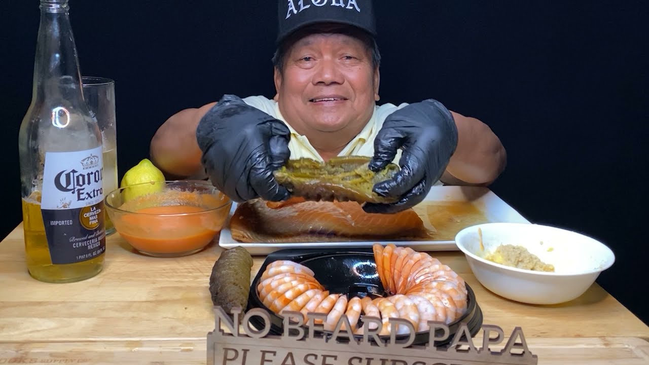 Mukbang Eating  FRESH SALMON , Shrimp Cocktail with Tender Sea Cucumber # mukbang  Eating
