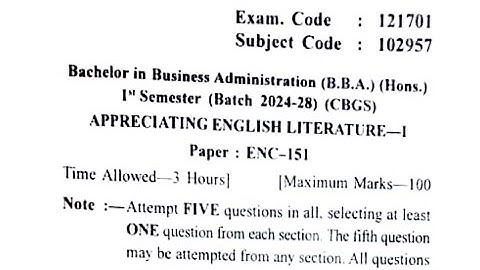 Gndu BBA 1st Semester Appreciating English Literature Question Paper | English Question Paper 2024