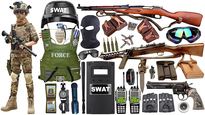Unboxing of SWAT weapons toy set: light machine gun, assault rifle, Glock pistol, sniper rifle