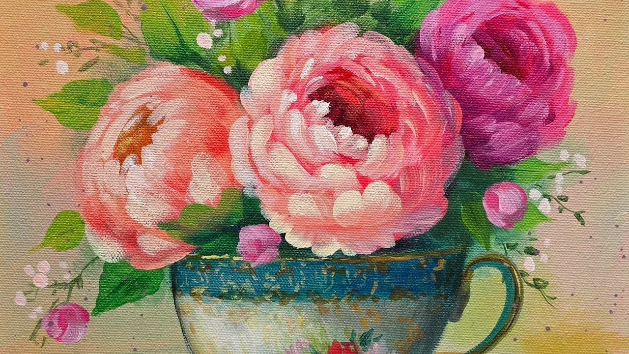 How to Paint Teacup Roses Acrylic Painting LIVE Tutorial - YouTube