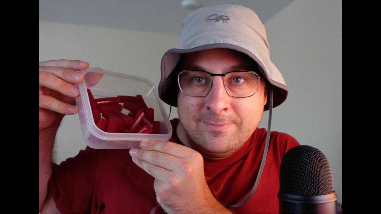 ASMR eating Darrell Lea strawberry liquorice, no talking, looped video.