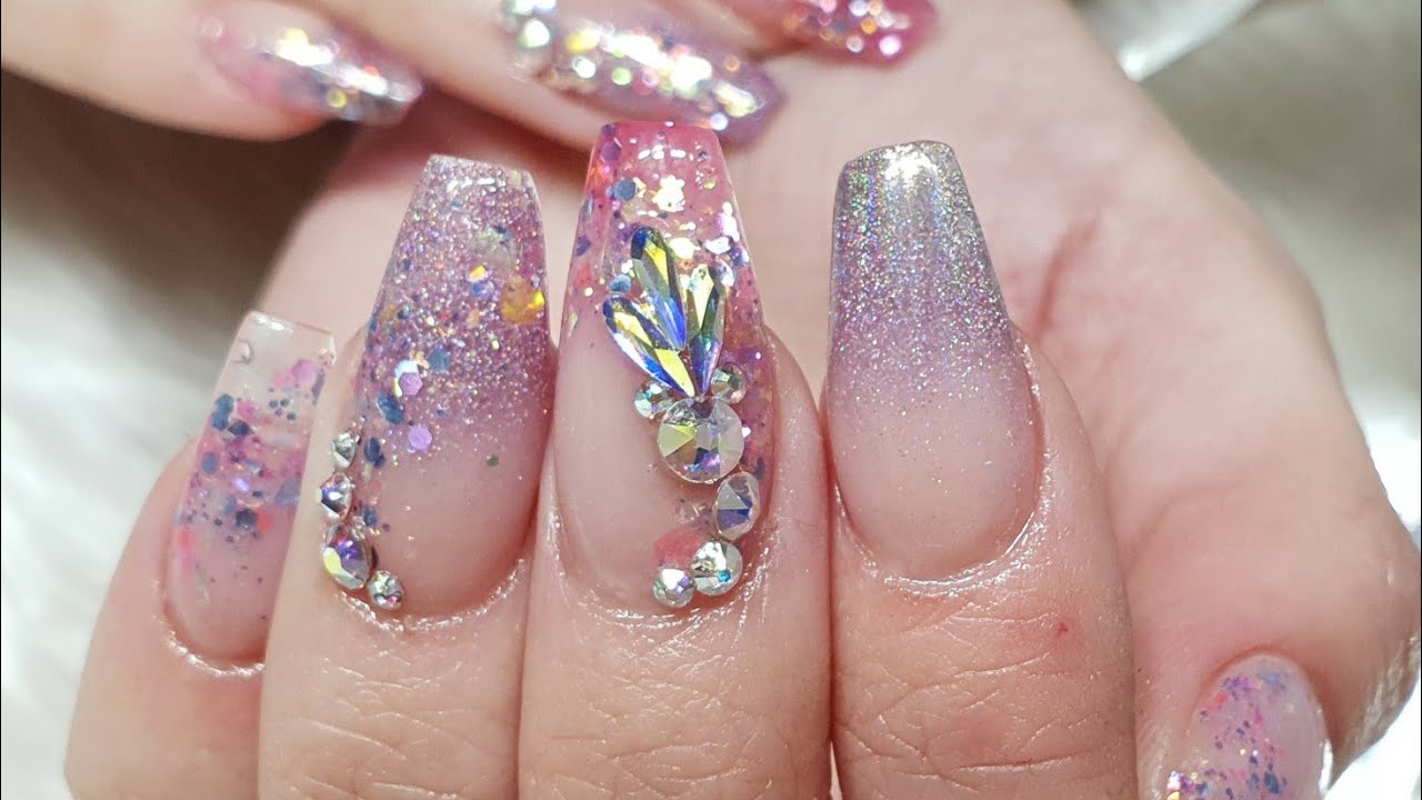NSS Transformation - Acrylic Nails - Glitter Embedding - Holographic Pigment - Swarovski Crystals