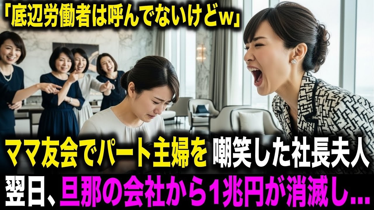 【スカッとする話】「底辺労働者は呼んでないけどw」ママ友会でパート主婦を嘲笑した社長夫人。翌日、旦那の会社から1兆円が消滅し地獄に落ちる…