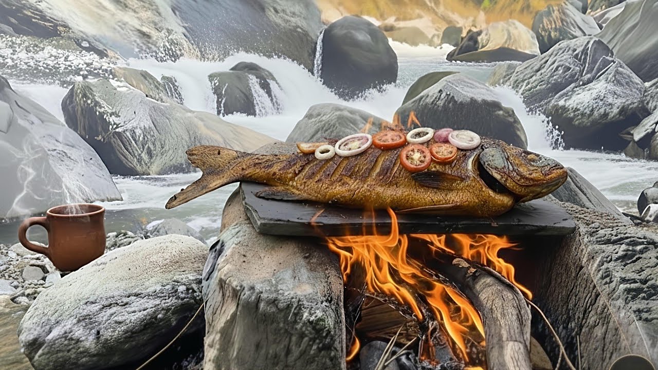 Cooking Fish on a Natural Stone Griddle 🐟 Primitive River Side  ASMR & Green Tea 🍵
