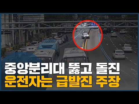 중앙분리대 뚫고 돌진,운전자는 급발진 주장