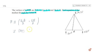 The vertices of `Delta` PQR are `P (2, 1)` , `Q (2, 3)` and `R (4, 5)` . Find equation of the me...