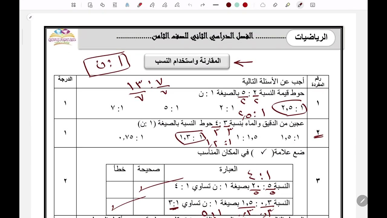 المقارنة واستخدام النسب+حل المشكلات. الصف الثامن ف٢