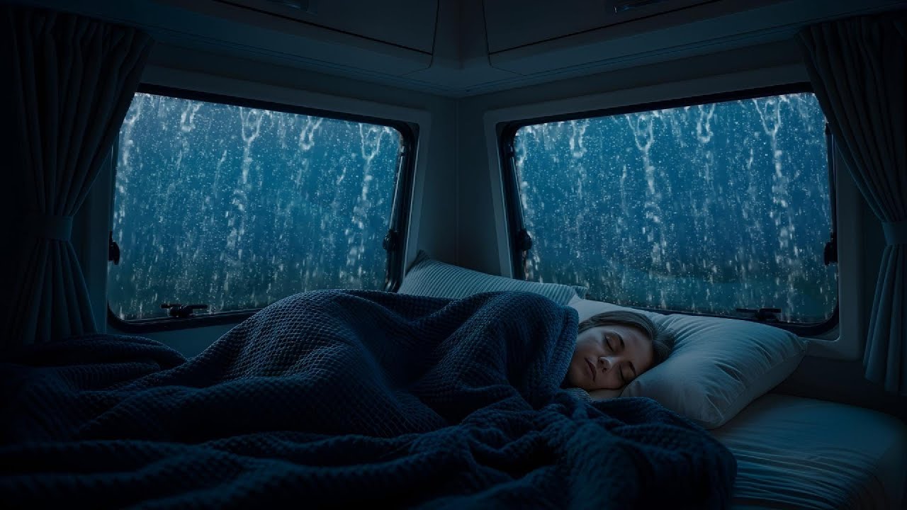 Intense Rain on Van Roof with Dark Forest Night View | Relaxing Rain for Relaxing Sleep