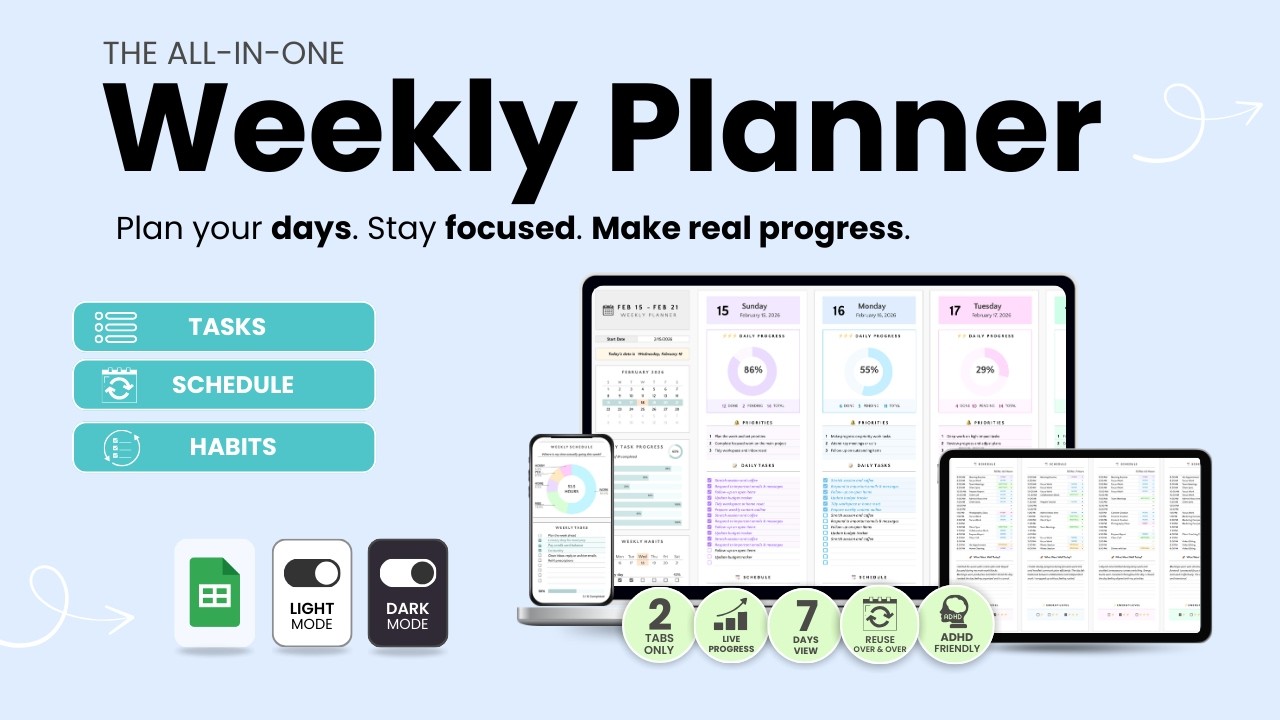 Daily & Weekly Planner Google Sheets Tutorial | Time Blocking, Tasks ...