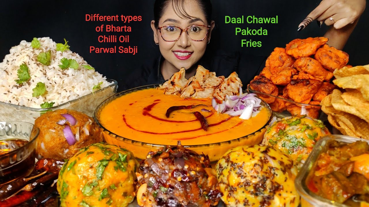 Eating Daal Chawal, Bharta, Fries, Pakoda, Papad, Jeera Rice | Big bites | Asmr Eating | Mukbang