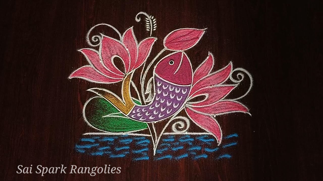 beautiful fish rangoli (5*3) | fish with Lotus rangoli | flower rangoli 