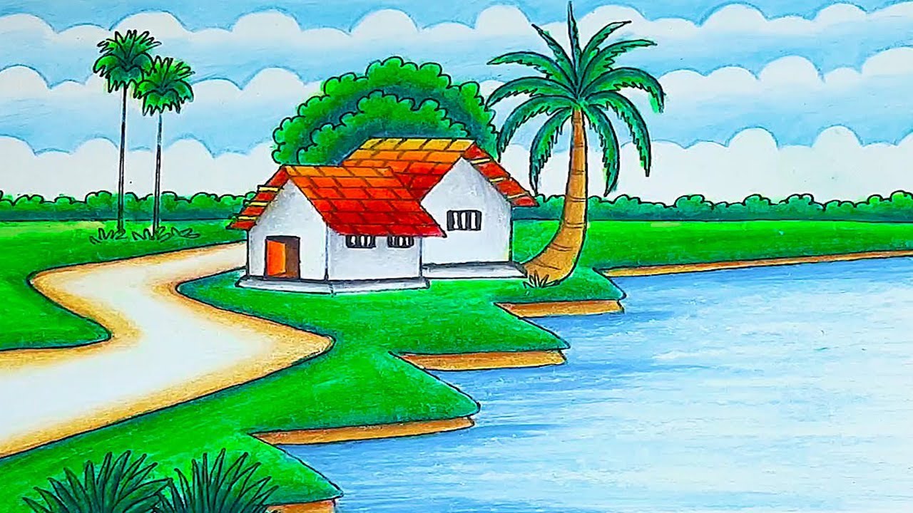 How to draw beautiful village scenery Indian village drawing easy ...
