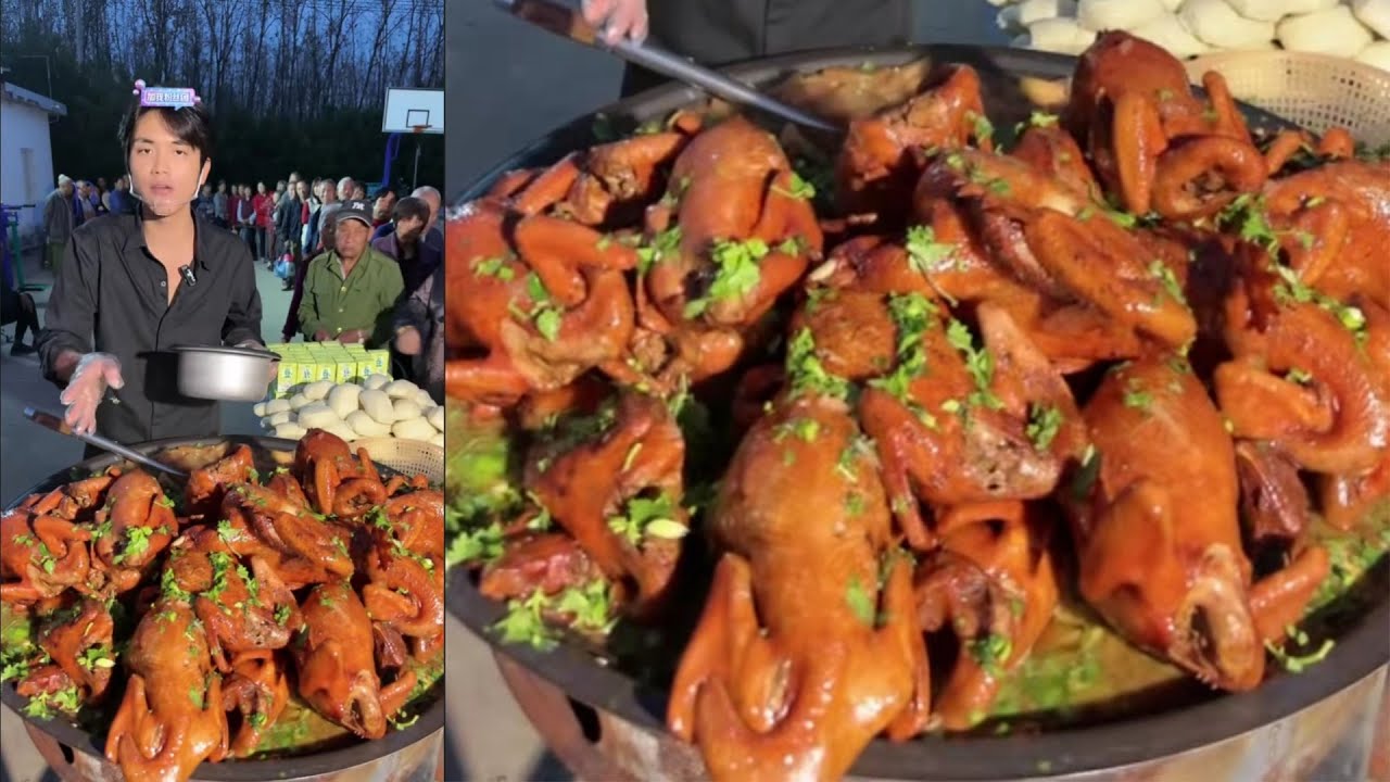 A Chinese Guy Cook Free Huge Chicken Food for the old on the Street in a Village