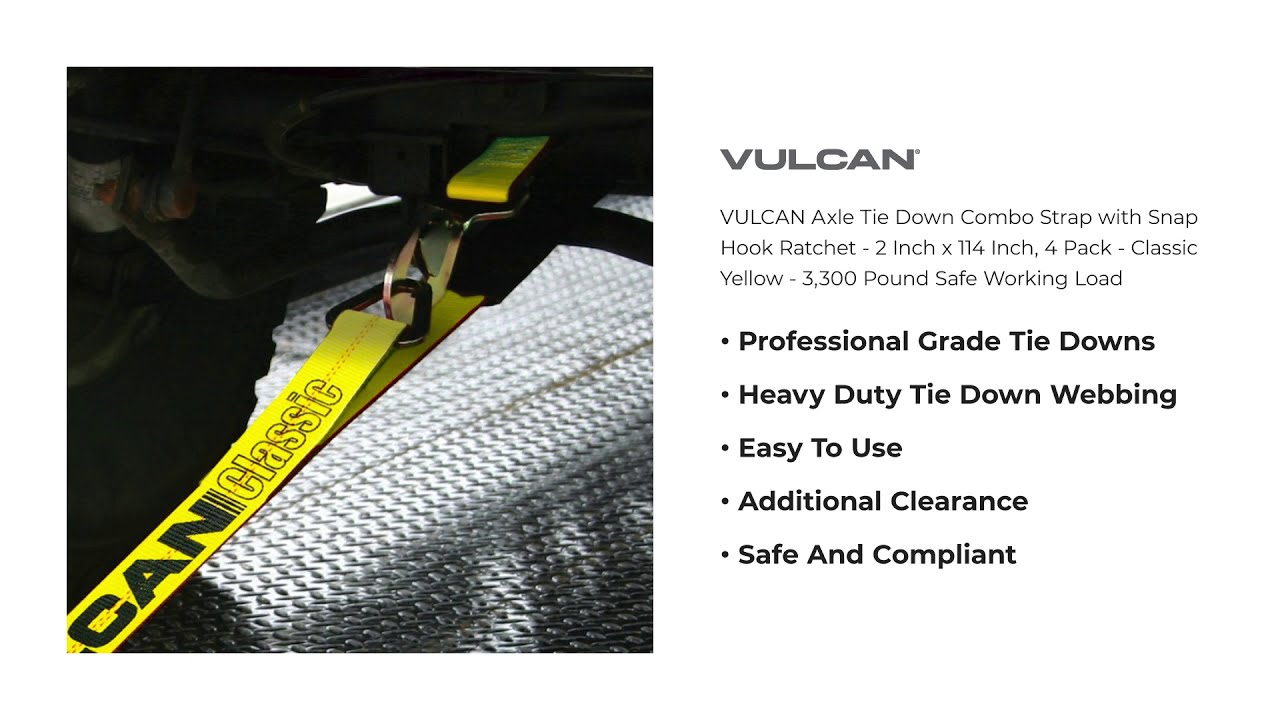 VULCAN Axle Tie Down Combo Strap - Snap Hook Ratchet - 2 Inch x 114 Inch -  4 Pack - 3,300 Pound SWL 