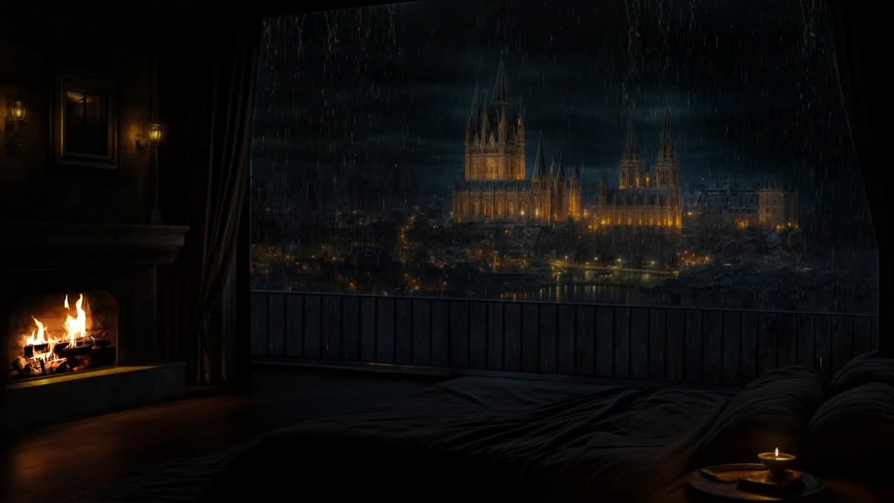 Rainy Night Sleep Therapy 🌧️ Cozy Fireplace & Distant Castle Glow 🔥 Heal Anxiety & Overthinking