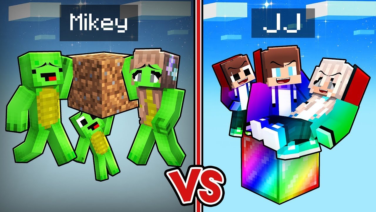 JJ and Mikey Family One Block Battle : Dirt vs Rainbow in Minecraft Maizen!