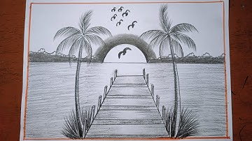 How to draw a sunset with pencil/How to draw beautiful sunset in the beach/Sunset landscape drawing