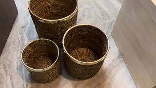 Rattan/cane/wicker premium Cylindrical Dustbin/planters / waste bins in natural with brass trim