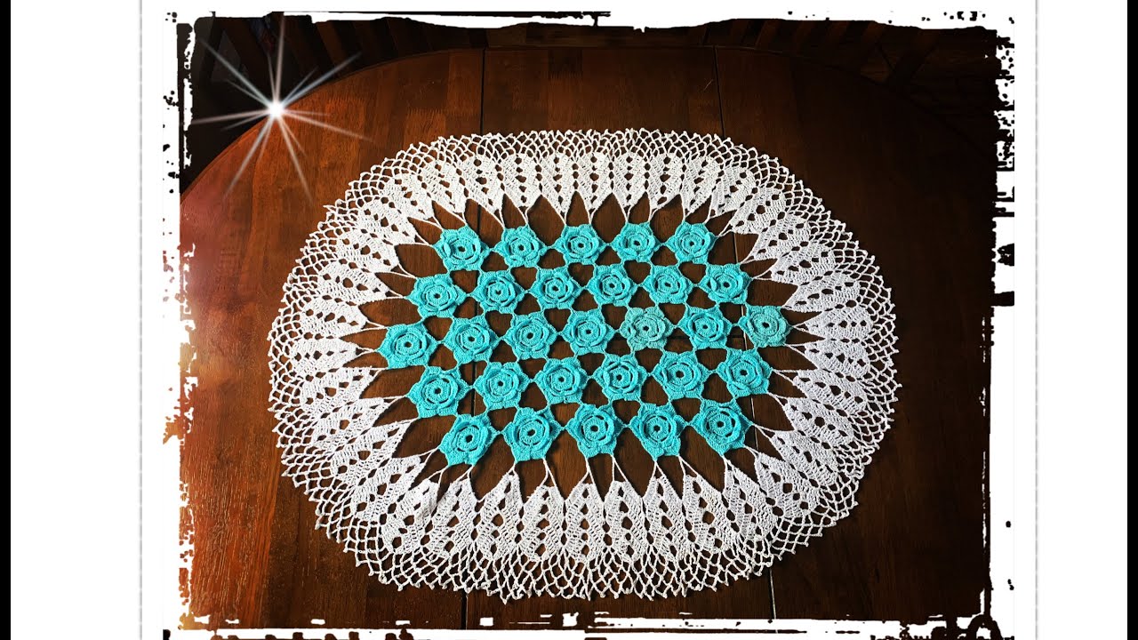 How to crochet big oval doily with blue flowers YouTube