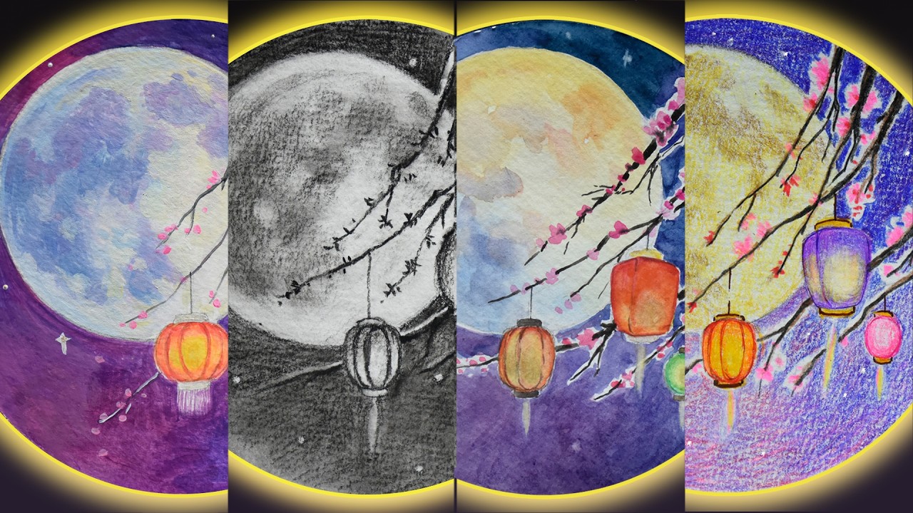 4 Ways to Draw Lantern Festival Moon 丨一幅元宵，四种画法丨月亮与灯笼手绘 - YouTube