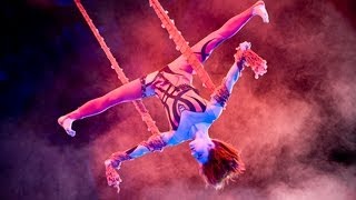 Julia Galenchyk represents aerial act on net in circus flic flac.Aerial net.